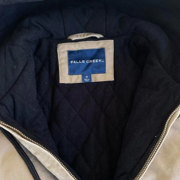 Vintage Falls Creek Tan Canvas Hooded Work Jacket M Workwear Chore Zippered - Picture 7 of 8